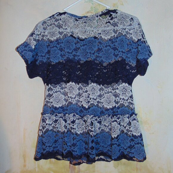 Eva Franco Anthropologie Sheer Striped Lace Peplum Top Blouse Size S Navy Blue - Picture 4 of 6